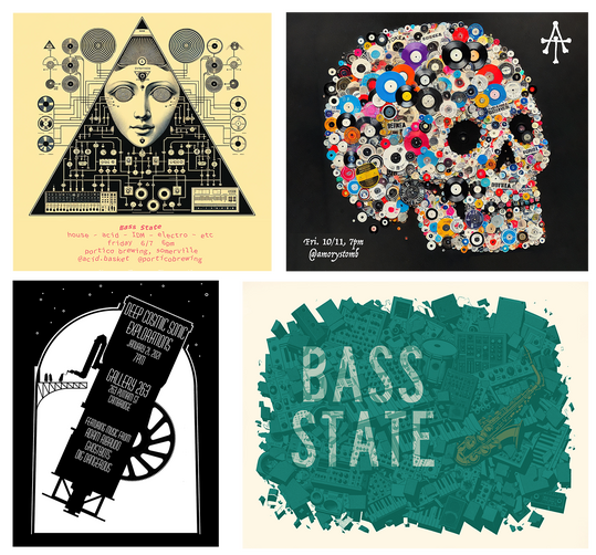 A selection of recent show and event posters using digital and traditional illustration and generative graphics.