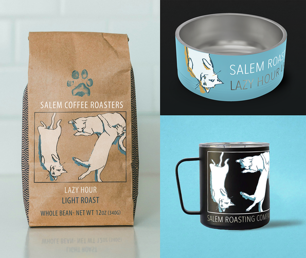 Branding and product design for a local coffee roaster combining hand-drawn and stamped graphics to meet a relaxed, comfortable theme.